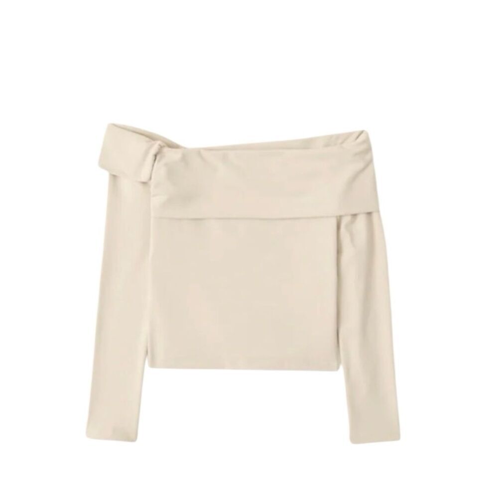 Abercrombie & Fitch Soft Collection Cream Long-Sleeve Off-The-Shoulder Top